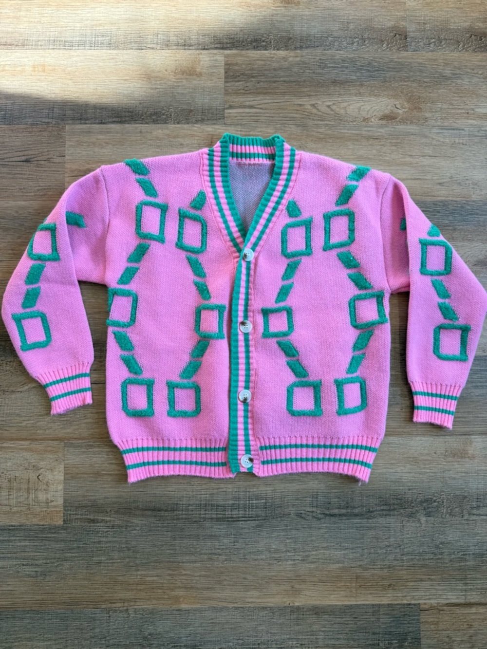 Pink & Green Coquette Kawaii Geometric Knit Cardigan Size Medium